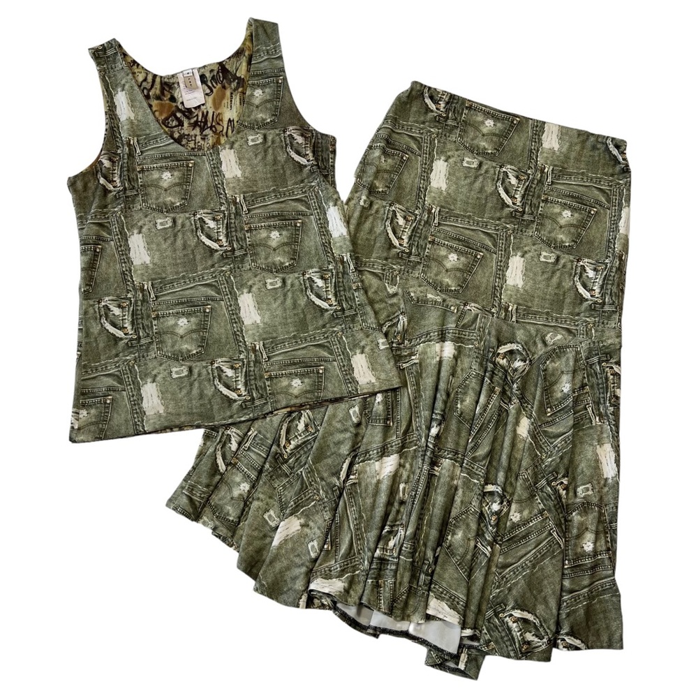 Vintage 90s Cyber Grunge Green Denim Print Tank and Midi Maxi Ruffle Skirt Set - Picture 2 of 14